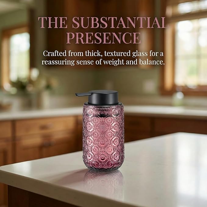 Pink Glass Liquid Hand Soap Dispenser with Matte Black Pump Thick Embossed Bottle Refillable for Bathroom and Kitchen Decor 13.5 oz