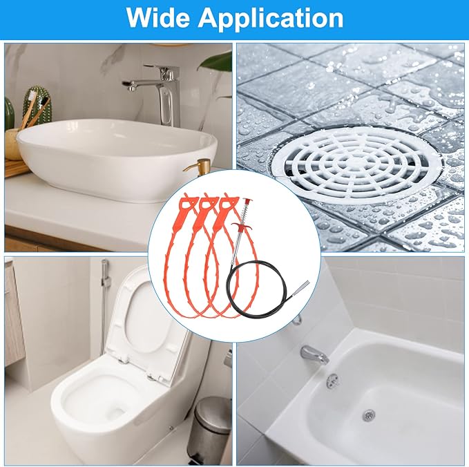 uxcell 3pcs 20 Inch Drain Hair Clog Remover Tool PP & 24 Inch Drain Cleaner Tool Sticks Stainless Steel Sewer Cleaning Hook Unclog Sink Unclogger for Toilet Bathtub Sewer, Orange