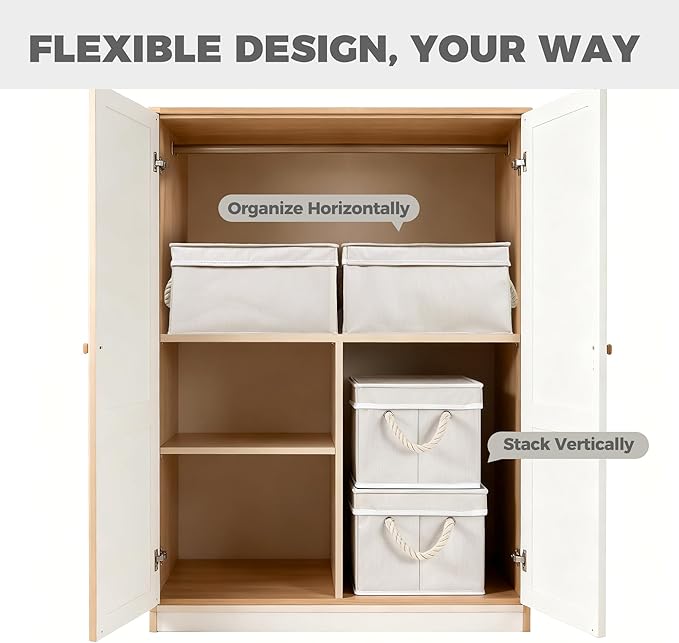 Set of 3 Fabric Bins for Organization - Foldable & Stackable With Lid & Rope Handles - Collapsible Fabric Storage Cubes Lightweight & Sturdy Bottom, Space Saving Collapsible Bin, Ivory
