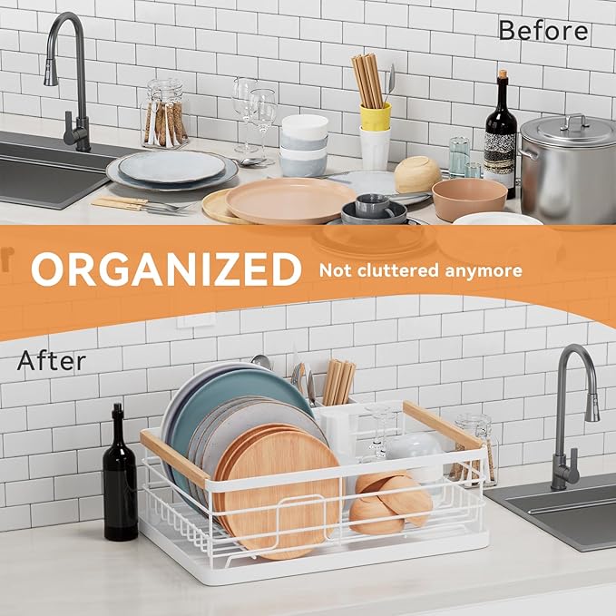 BRIAN & DANY Dish Drying Rack, Dish Racks for Kitchen Counter, Stainless Steel Dish Drainer with Removable Cutlery Holder & Drainboard, White