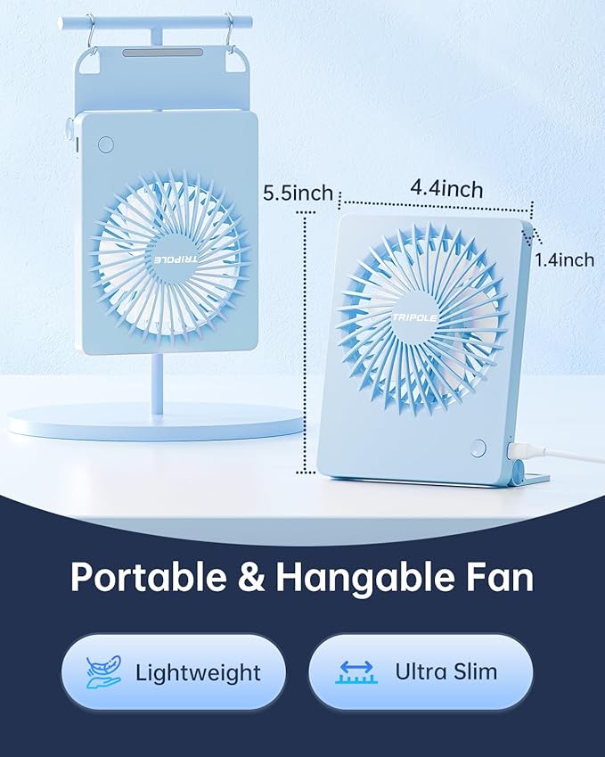 TriPole Mini Desk Fan USB Powered Portable Fan Small Personal Fan 3 Speeds Strong Airflow Table Fan for Travel Home Office Bedroom Desktop, 3.3ft Cable (No Battery, Blue)