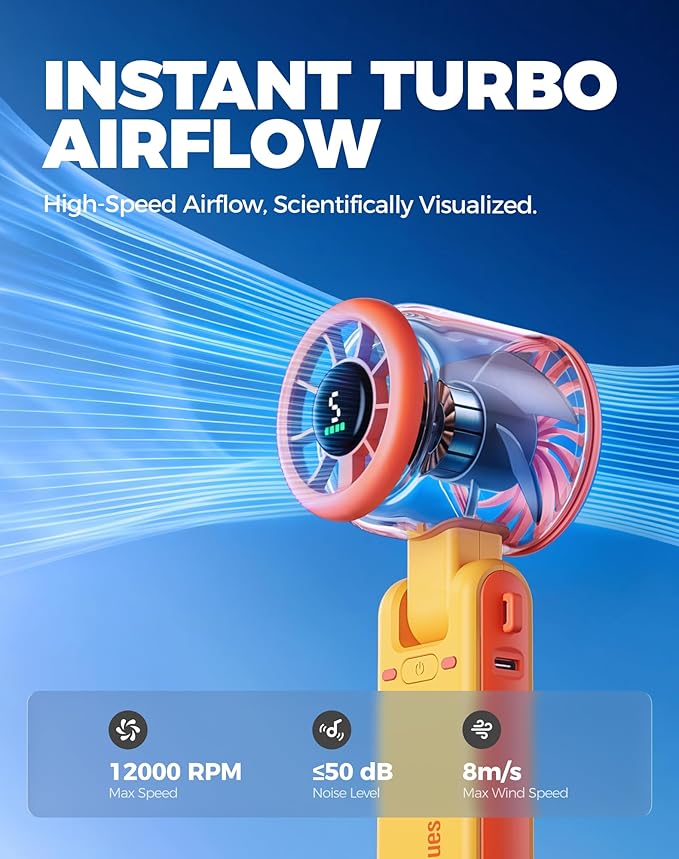 Diveblues Portable Handheld Turbo Fan, 5 Gear Wind, Battery Operated, Up to 12 Working Hours, 3 IN 1 Hand Fan with Air Turbo Tech Cooling Fan for Outdoor Activities, Travel, Working