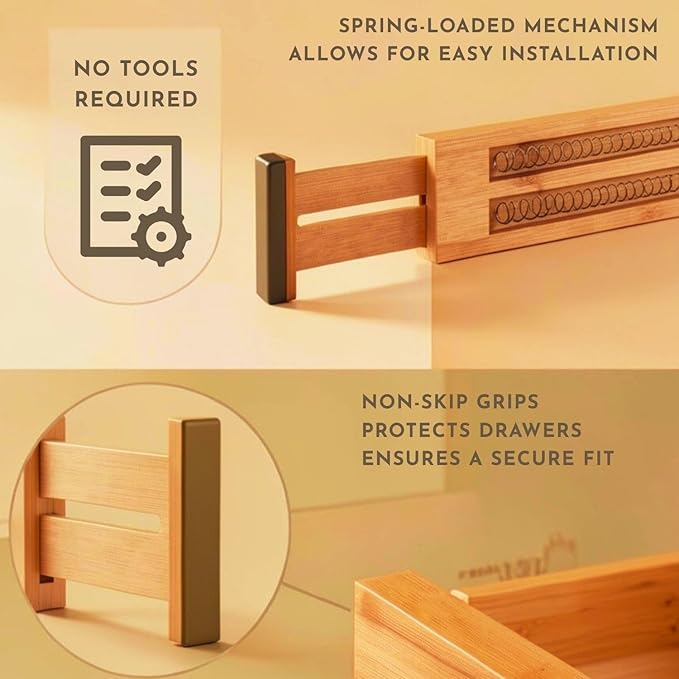 Expandable Bamboo Drawer Dividers 8 pack with labels(17"-22") Drawer Organizer