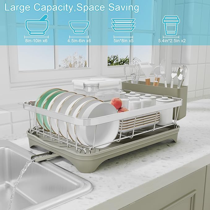 Dish Drying Rack - 304 Stainless Steel Dish Rack, Adjustable Spout Auto-Draining Dish Drainers for Kitchen Counter, Large Capacity for Bowls, Cups, Dish Drainer with Drainboard Grey