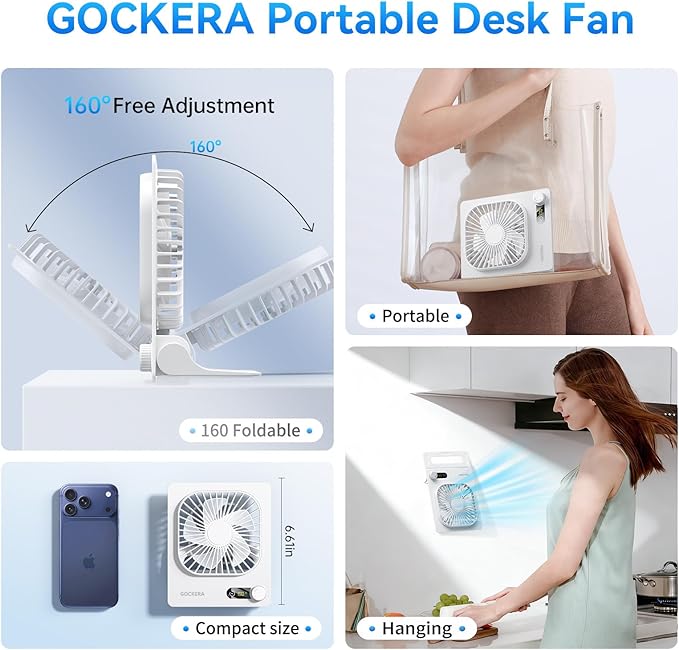 GOCKERA Desk Fan, 6.61''Ultra-thin Battery Powered Fan with Powerful Wind,100 Speeds Adjustable&Digital Display,Timer,Ultra-quiet Small Portable Fan for Bedroom,Office,Travel (White, 5000mAh)