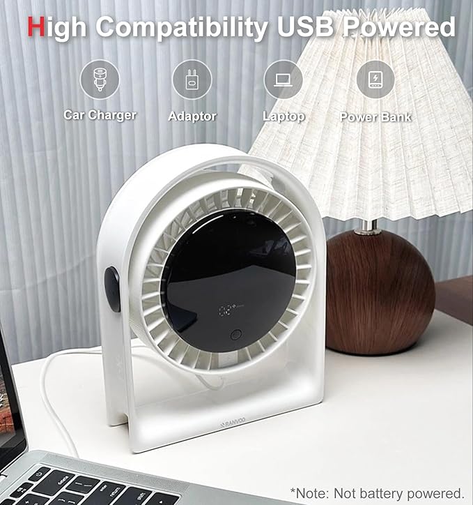 RANVOO 2026 New Desk Fan, Quiet Air Circulator Mini Fan for Bedroom, 4 Speeds Strong Airflow Portable Fan, Smart Display USB Fans,120°Tilt, Small Desktop Table Fans For Office Room, Ivory White