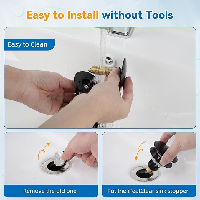 iFealClear Universal Black Bathroom Sink Stopper, Metal Pop Up Sink Drain Strainer with Hair Catcher, Fit 1.1"-2.36" US Basin, Wash Basin Drain Plug