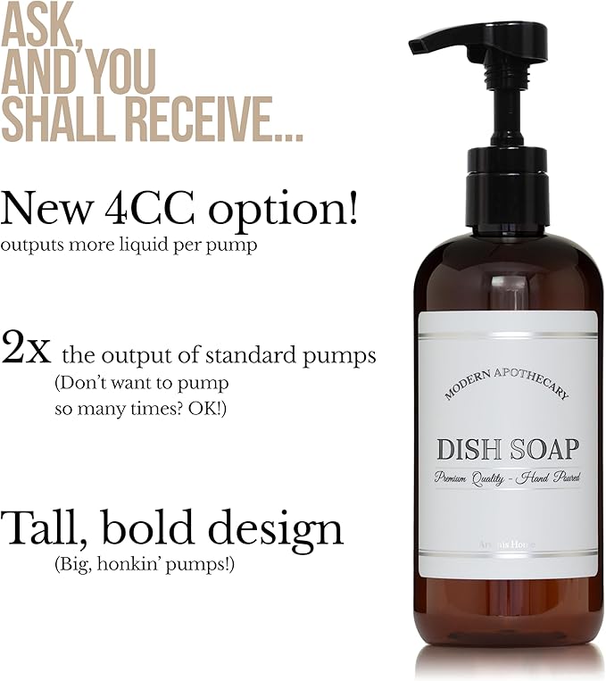 Refillable Amber PET Plastic 16 oz Dish Soap Bottle with High Output Black Plastic Pump Dispenser - Chrome Accent Waterproof Labeled Bott
