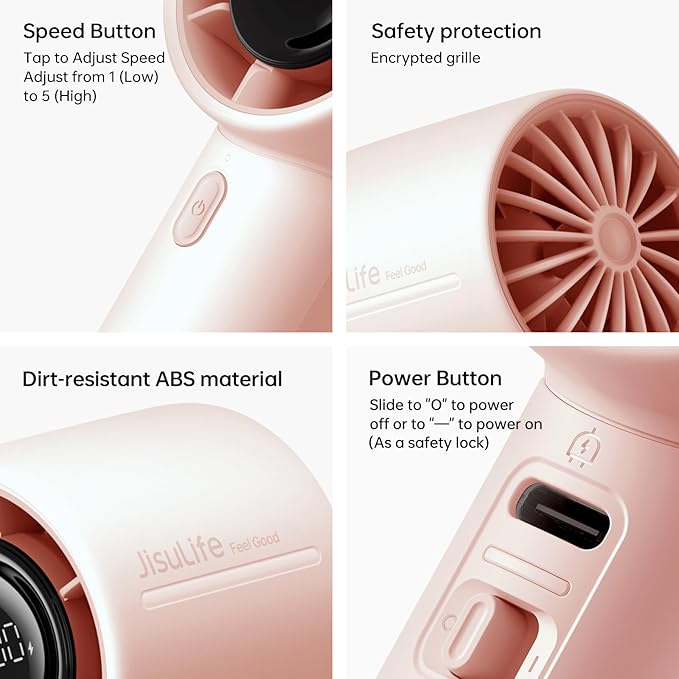 JISULIFE Handheld Turbo Fan Life10s, 5000mAh Rechargeable Portable Fans,Up to 28 Hours Working,5 Speed Strong Wind,Personal Mini Fan for Travel Outdoor Camping Beach Makeup(pink)