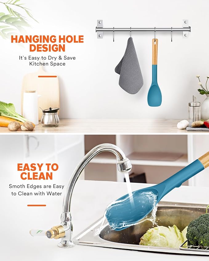 Silicone Spoonula Spatula, Great For Stirring, Scraping And Folding, Sturdy Bpa-Free Matte Silicone, Wooden Handle Rubber Spoon For Nonstick Cookwares (TURQ)