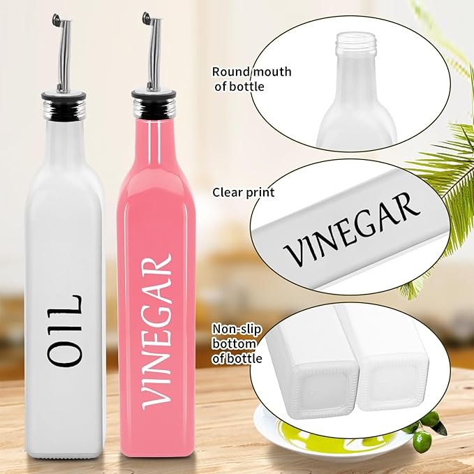 Olive Oil Dispenser Bottle,2 Pcs 17oz 500ml Glass O il and Vinegar Dispenser Set with 2 Stainless Steel Pourers, 8 Labels,Funnel Vinegar Bottles for Kitchen (White Oil & Pink Vinegar)