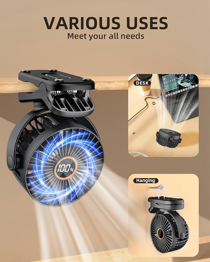 TUNISE Mini Clip on Fan, Battery Operated Desk Fan, Digital display,3 Speeds Adjustable, Bidirectional 360 ° Adjustable, Super Strong Wind, Portable Fan for Home Office Stroller Camping Black