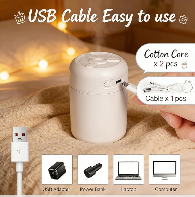 300ml Portable Mini Cool Mist Humidifier with Colorful Lights, USB-Powered for Bedroom, Office, Plants, Travel & Car (White)
