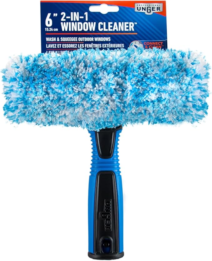 Unger Professional Connect and Clean 2-in-1 Squeegee and Scrubber, 6” Window Cleaning Tool, Commercial and Residential Use