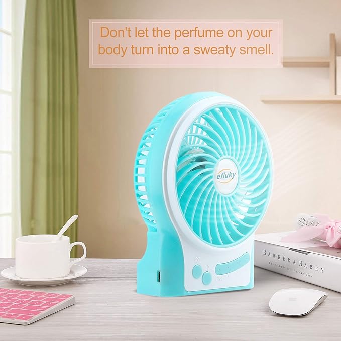 efluky 3-Speed Mini Desk Fan with LED Light, Portable USB Fan Quiet for Home, Office, Travel, Camping, Outdoor, Indoor, 4.9-Inch,Blue