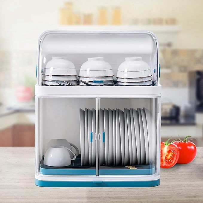 2 Tier Dish Drying Rack, Drain Board with Lid Plastic Dust Cover, Kitchen Plate Cup Dish Drying Rack, Tableware Storage Box Dishes Drain Shelf Rack Closed Holder for Home Using