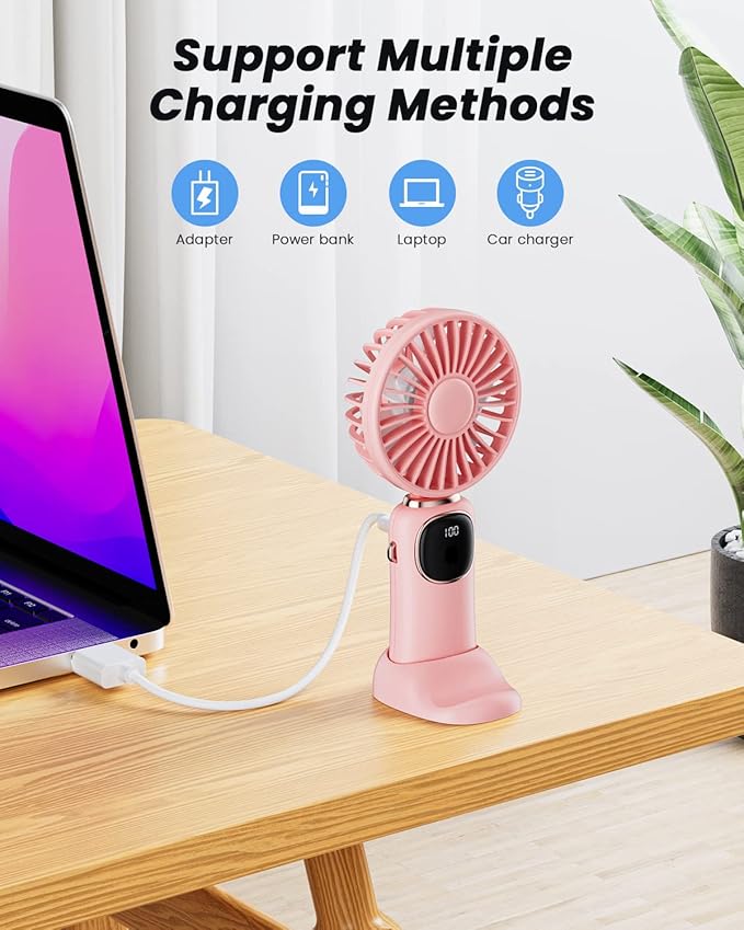coldSky Portable Handheld Fan, 4000mAh Battery Operated with LED Display, Handheld/Neck/Desk 3 in 1 Personal Small Fan, 90ยฐ Foldable Desk Fan with Base, 5 Speed Lash Makeup Fan for Women