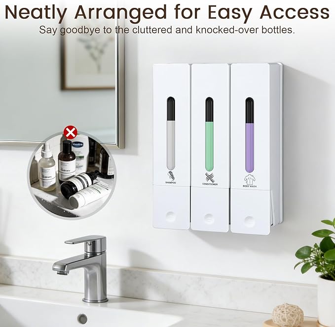 3 Chamber Shampoo and Conditioner Dispenser, No Drill - Wall Mounted Shower Soap Dispenser, Refillable Body Wash Dispenser Set 3, 1200ML Capacity, for Bathroom & Hotel, White