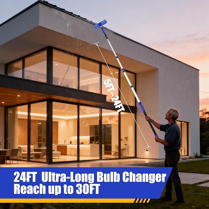 30FT Light Bulb Changer for High Ceilings with 5-24FT Heavy Duty Extension Pole,High Ceiling Fan Duster Extendable Reusable Cobweb,Feather