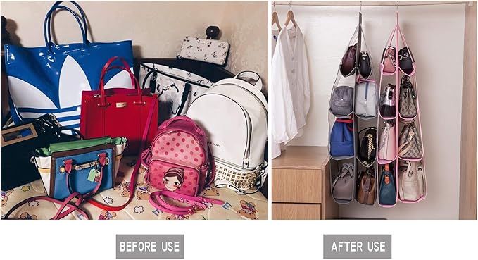 AARAINBOW 1 Pack Hanging Handbag Purse Organizer for Closet, Womens Purse Storage Organizers, Hand Bag Organizer Holder, 8 Pockets Space Saving Wardrobe Purse Holder, 41 L x 13.5W (B-Pink)