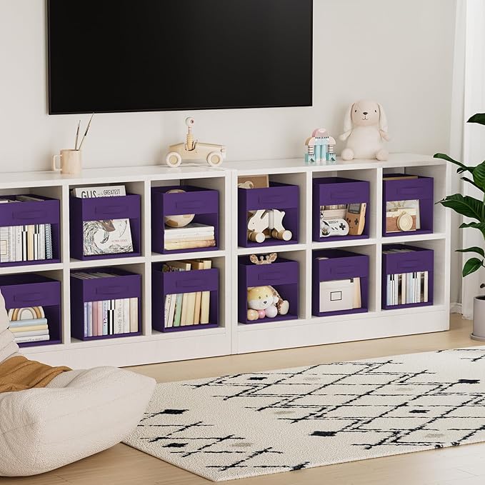 DIMJ Cube Bins, 12.2-Inch Storage Bins Cubes with Window, 6 Packs Collapsible Storage Bins with Handles, Closet Storage Baskets for Organizing Living Room, Office, 6 Pack,Purple