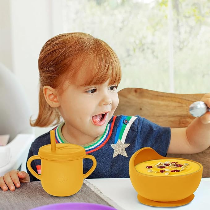 100% Silicone baby feeding set,BPA free Baby dishes set with Suction Bowl Divided Plate,Toddler Self Feeding Dish Set with Spoons Forks Sippy Cup And Bib, Baby Eating Utensils (Pumpkin)
