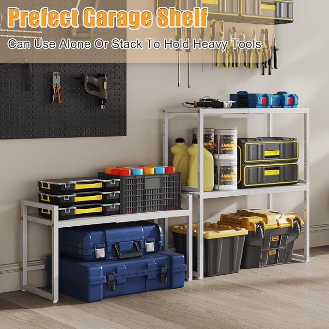 110 LBS Expandable Heavy Duty Storage Shelves,Metal Shelving Unit For Kitchen Garage Warehouse Cabinet Pantry , Adjustable Storage Rack Shelf Organizer For Pots Pans Microwave Small Appliance White