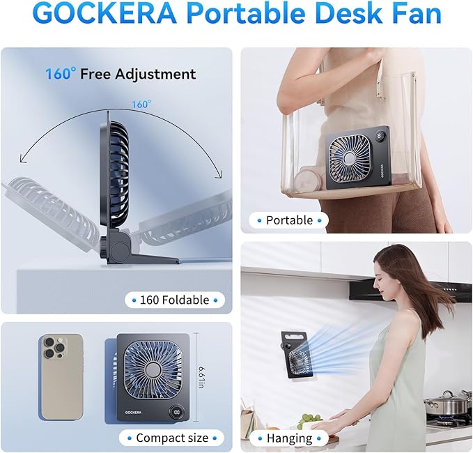 GOCKERA Desk Fan, 6.61''Ultra-thin 5000mAh Battery Powered Fan with Powerful Wind,100 Speeds Adjustable&Digital Display,Timer,Ultra-quiet Small Portable Fan for Bedroom,Office,Travel,Summer Essentials