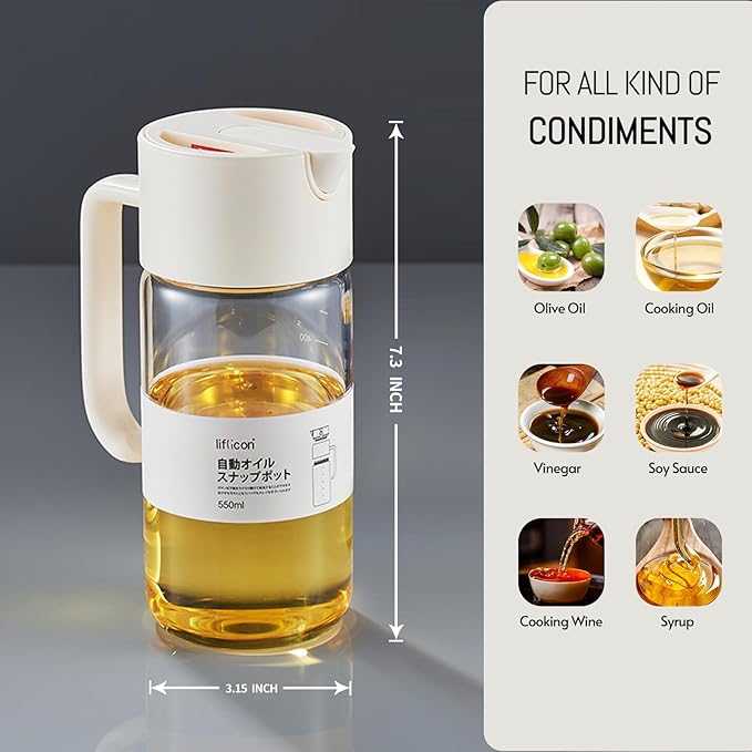 liflicon Olive Oil Dispenser Bottle 18.5 oz, Drip-Free Spout & Auto Flip Top, Glass Oil and Vinegar Dispenser for Kitchen, Soy Sauce Bottle, Cooking Oil Dispenser with Pour Spout (Blue & White)