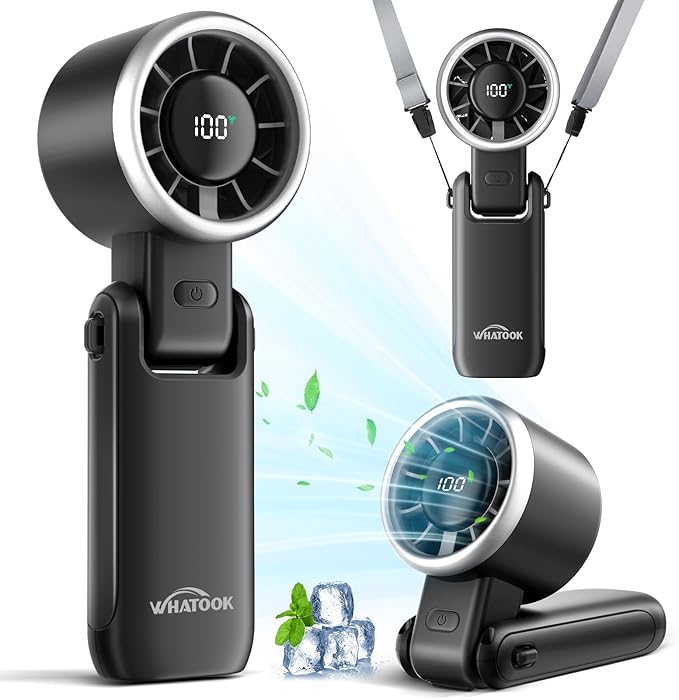 WHATOOK Portable Handheld Turbo Fan: 12m/s Strong Wind 15000RPM High Speed Mini Fan, 4000mAh Battery Rechargeable Personal Fan with LED Display, 3 in 1 Foldable Fan for Tech Gift, (Black)