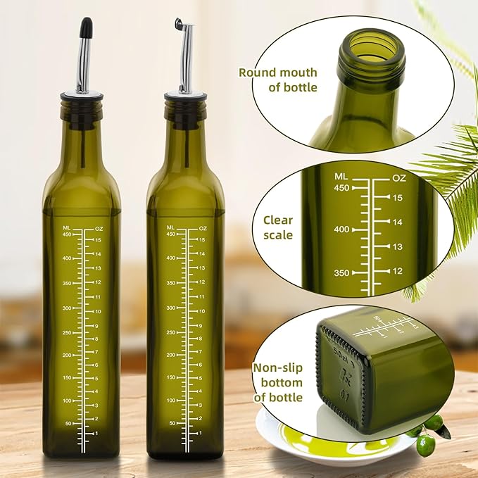 17oz 4 Pcs Scale Olive Oil Dispenser Bottle,500ml Glass Oil and Vinegar Dispenser Set with 4 Stainless Steel Pourers, 8 Labels,Funnel Oil Bottles for Kitchen (Green)