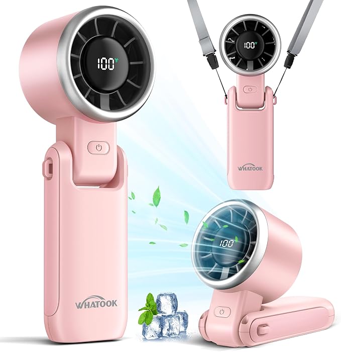 WHATOOK Portable Handheld Turbo Fan: 12m/s Strong Wind Mini Fan for Makeup & Lash, 4000mAh Battery Operated Rechargeable Personal Fan with LED Display, 3 in 1 Foldable Small Fan for Concerts, (Pink)