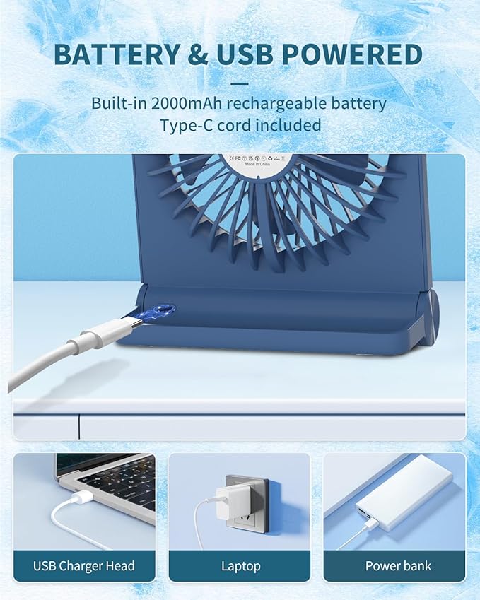 Small Desk Fan,Rechargeable USB Fan Battery Operated,Ultra Quiet, Strong Wind, 3 Speeds Travel Fans