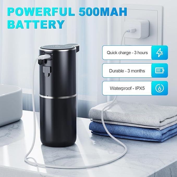 Automatic Soap Dispenser with Sensor, Rechargeable Wall Mount Touchless Soap Dispenser, 4-Level Adjustable, IPX5 Waterproof, 380ml Liquid Soap Dispenser for Bathroom, Kitchen