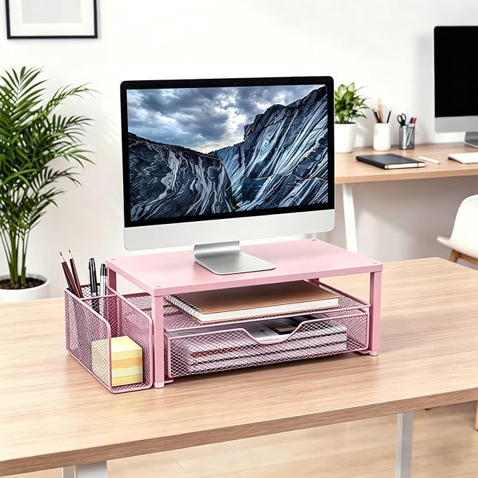 Spacrea Desk Organizer and Accessories, Computer Monitor Stand Riser with Drawer and 1 Open Pen Holder, Printer & Laptop Stand