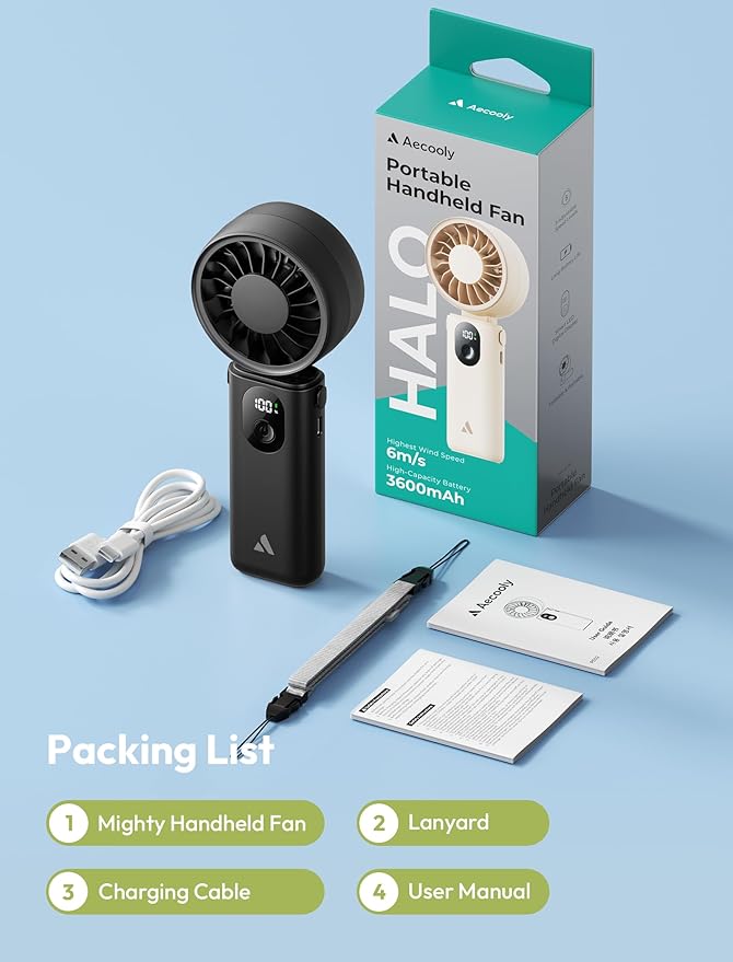 Aecooly Mighty Portable Handheld Fan | 20H Max Cooling Time | 3 Flexible Modes | 5 Speeds Wind | Battery Level Display | USB Rechargeable Mini Personal Battery Powered, Gifts for Women, Travel -Black