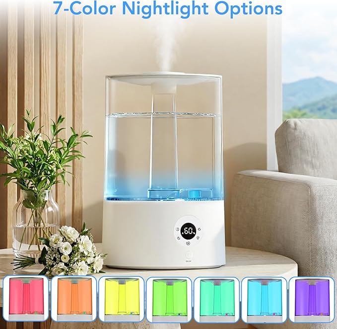 Electactic 3.8L Cool Mist Humidifier, Quiet Ultrasonic Humidifier for Bedroom, Baby Room, Home Office & Plants, 360 Nozzle, 3 Mist Levels, 7-Color Night Light