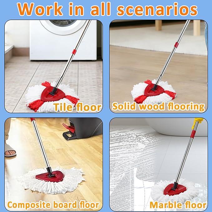 Spin Mop Head Replacement for Ocedar, 3 Microfiber Mop Head, 1 Base, 1 Mop Handle (30-58in) Combo Mops Set Compatible with O-Cedar EasyWring Microfiber Spin Mop (1 Tank System)