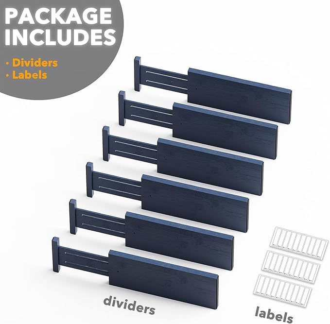 SpaceAid Bamboo Dresser Drawer Dividers 6 Pack, 4.65“ High Adjustable 12.5“-17” Drawer Organizers, Expandable Organization for Clothing, Clothes, Dressers, Navy Blue