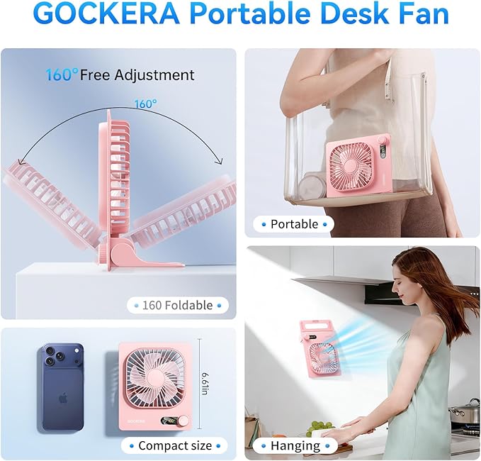 GOCKERA Desk Fan, 6.61''Ultra-thin Battery Powered Fan with Powerful Wind,100 Speeds Adjustable&Digital Display,Timer,Ultra-quiet Small Portable Fan for Bedroom,Office,Travel (Pink, 2000mAh)