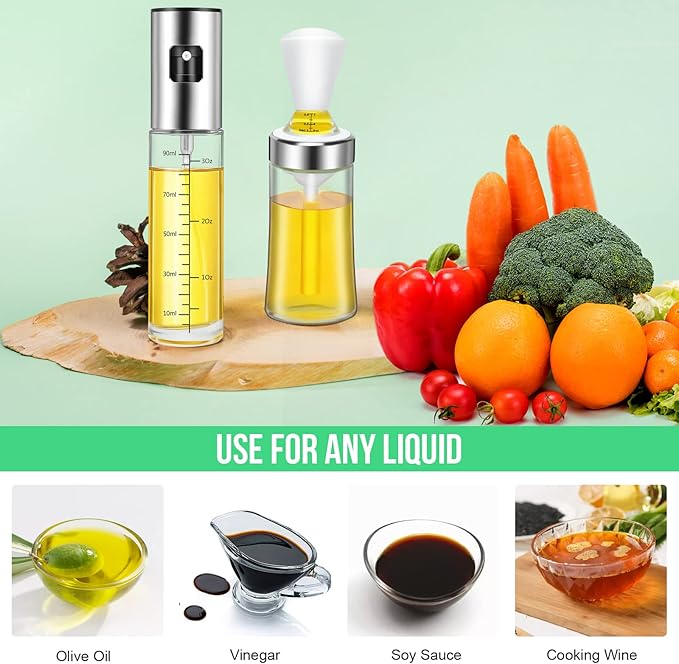 Olive Oil Sprayer and Dispenser with Silicone Brush for Cooking, Spray Bottle Set, Glass Dispenser, Mister, Salad, BBQ, Kitchen Baking, Roasting, Air Fryer, 2 Pack, (KP02)