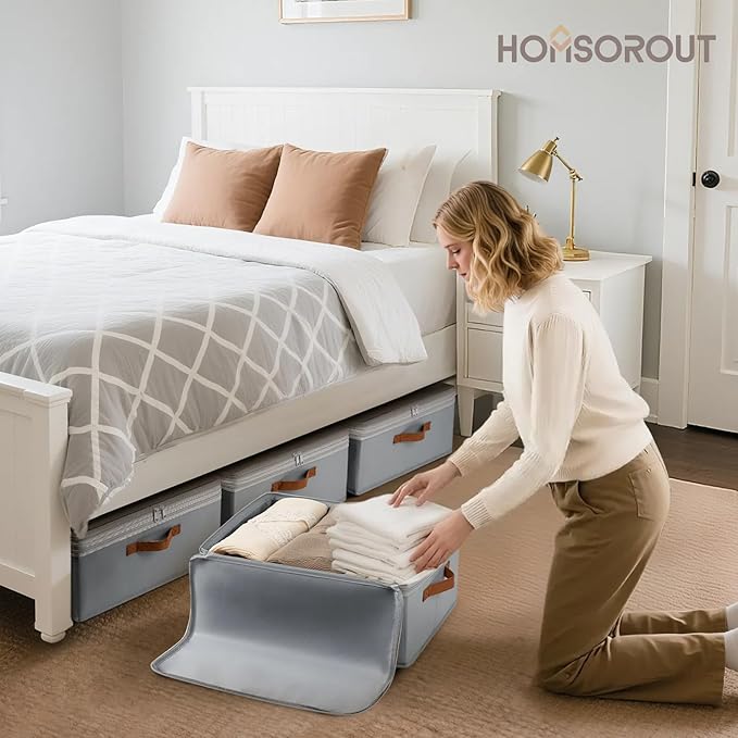 Homosorout Large Closet Storage Bins - Compression Organizer Bins, Stackable Closet Organizer, Expandable Under Bed Storage Containers for Clothes, Towels, Sheet, 2 Pack, Grey