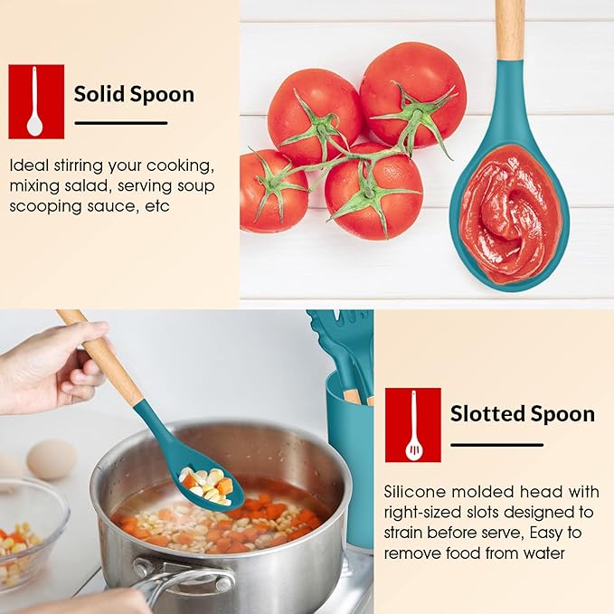 Kitchen Utensils Set of 6, E-far Silicone Cooking Utensils with Wooden Handle, Non-stick Cookware Friendly, Includes Spatula/Ladle/Slotted Turner/Serving Spoon/Spaghetti Server(Teal Blue)