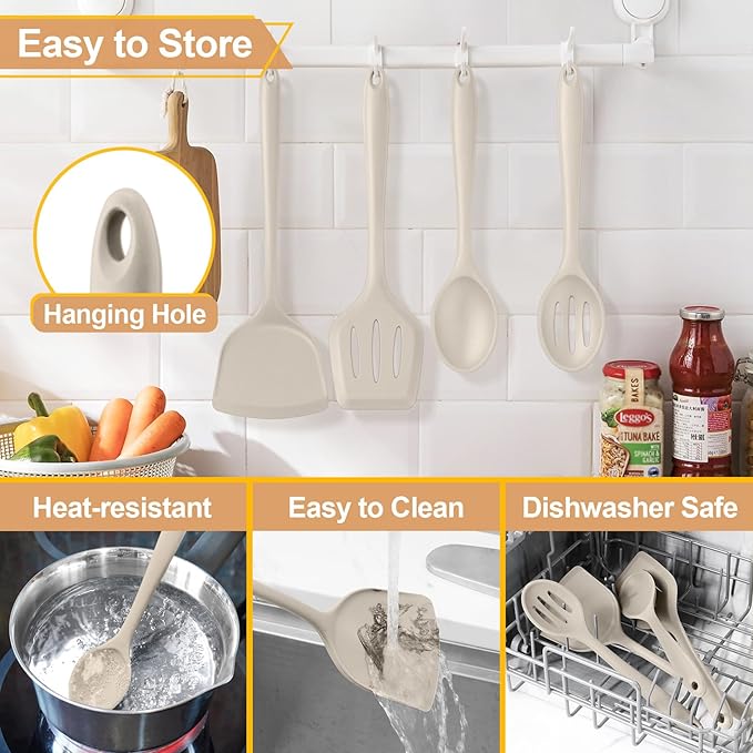 P&P CHEF Kitchen Utensil Set, 4 Pieces Non-stick Silicone Cooking Utensils, Heat-resistant Slotted Solid Spoon Turner for Frying, Mixing, Serving, Non-toxic & Easy to Clean, Khaki