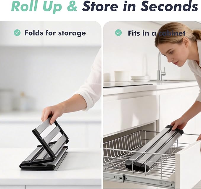 Roll Up Dish Drying Rack, 17.7" x 12.8" Over Sink Stainless Steel Rack, Foldable Heat-Resistant Dishes Drainer for Kitchen and RV Sink Counter (Black-17.7" x 12.8")