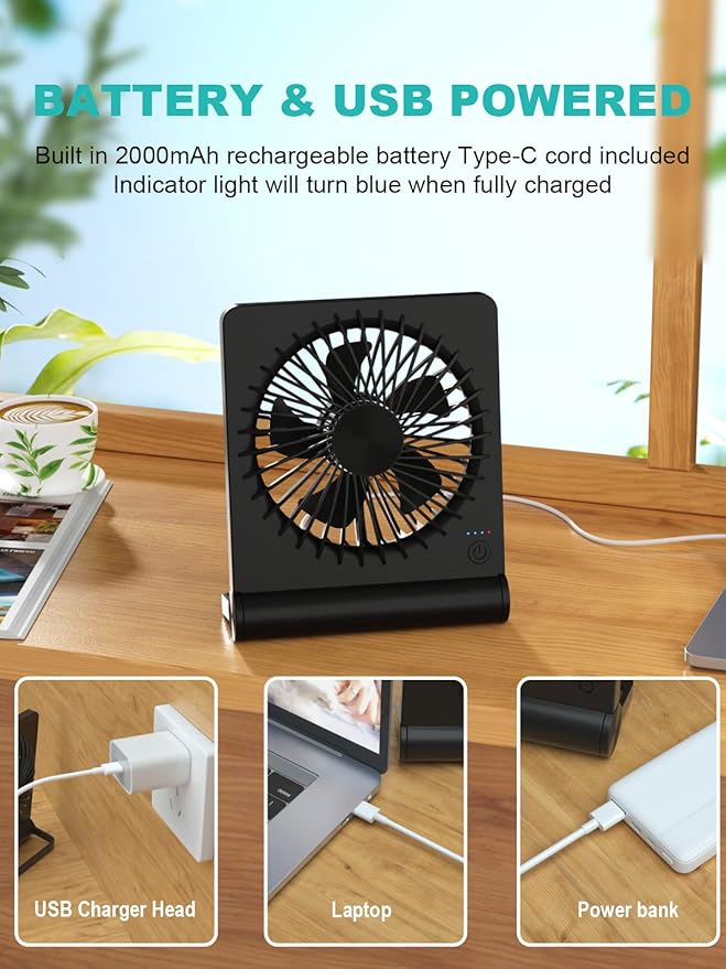 Small Desk Fan,Rechargeable USB Fan Battery Operated,Ultra Quiet, Strong Wind, 3 Speeds Travel Fans