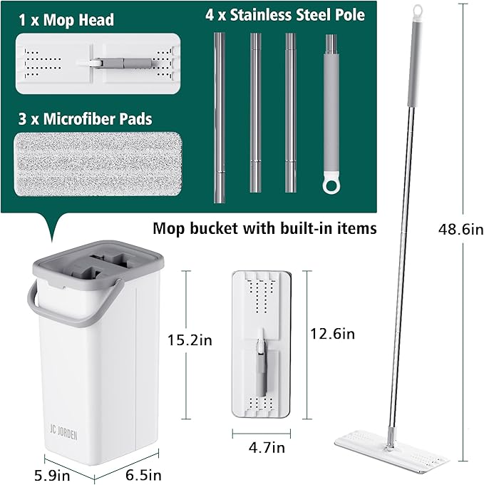 Mop and Bucket with Wringer Set, Hands Free Flat Floor Mop and Bucket, 3 Washable Microfiber Pads Included, Wet and Dry Use, Home Floor Cleaning System for All Floor Types and Windows