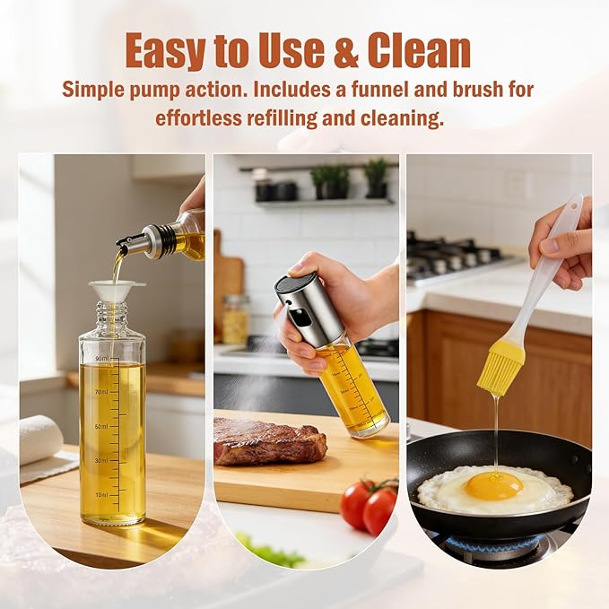Oil Sprayer for Cooking, Upgraded 2 Pack Refillable Olive Oil Spray Bottle Mister with Brush for Air Fryer Oil Vinegar Portable Glass Kitchen Gadget for BBQ, Salad, Roasting, Grilling Local Stock
