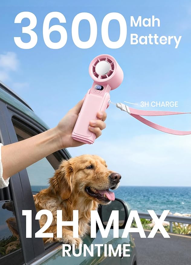 Portable Handheld Turbo Fan, 1-199 Speed Adjustable with LED Display, High-Power Motor, Rechargeable Battery, 4 IN 1 Pocket Design Mini Fans for Indoor/Outdoor/Travel/Work, Pink