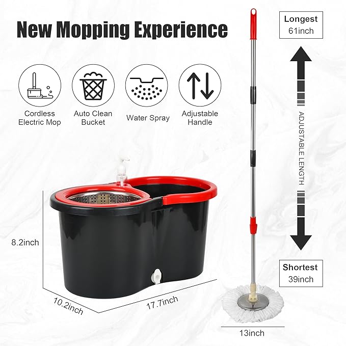 Spin Mop and Bucket System, 360° Rotating Head, Adjustable Handle, 20QT Bucket with Auto-Clean, 3 Microfiber Heads
